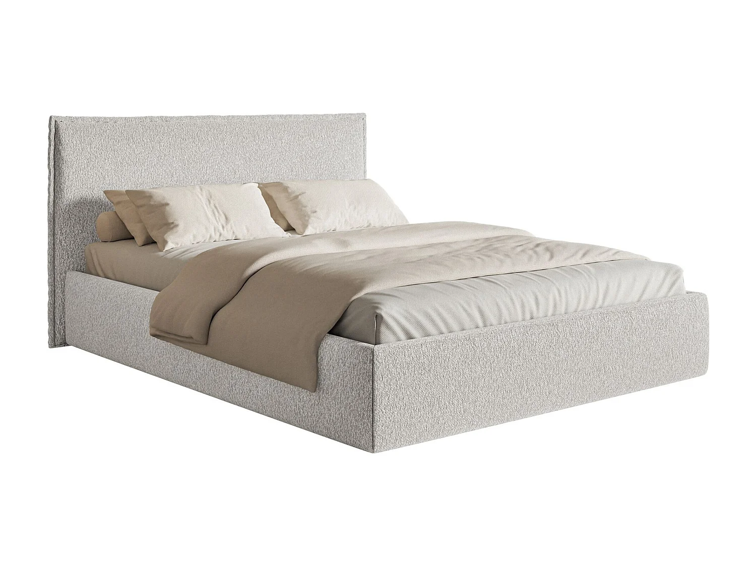 Lit tapissé 140×200 avec coffre et sommier - chenille - gris clair - SOFTIE SLIM