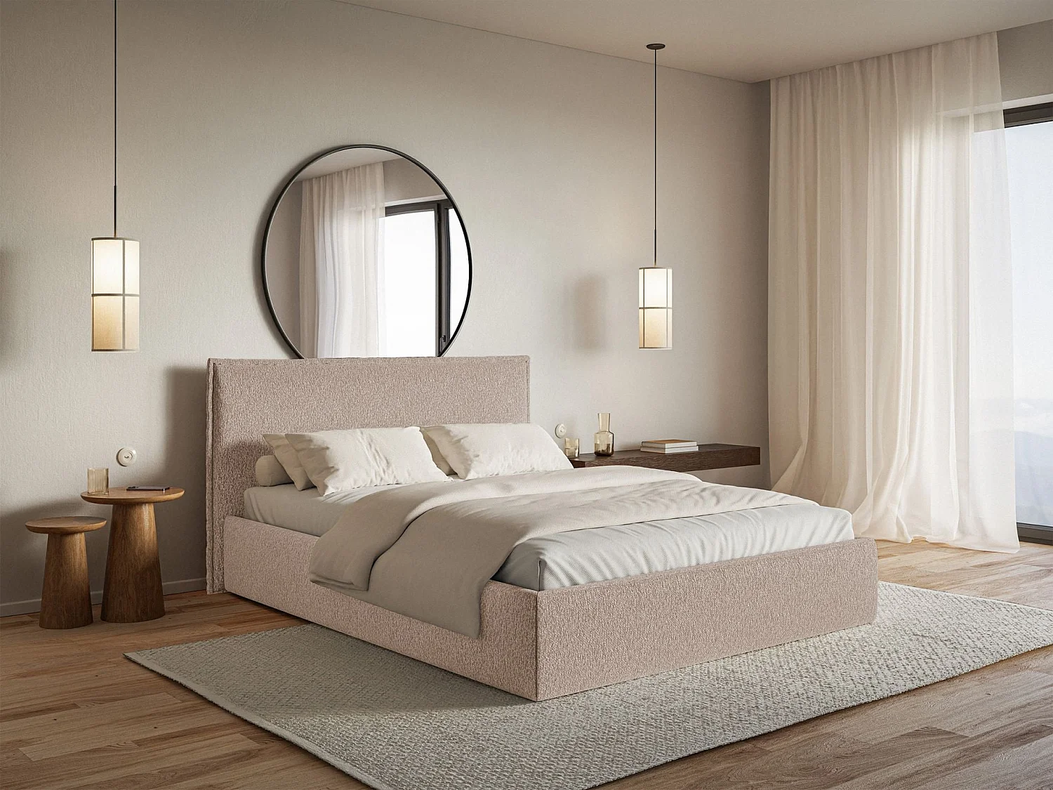 Gestoffeerd bed – 180x200 cm – donkerbeige – waterafstotende chenille – SOFTIE SLIM