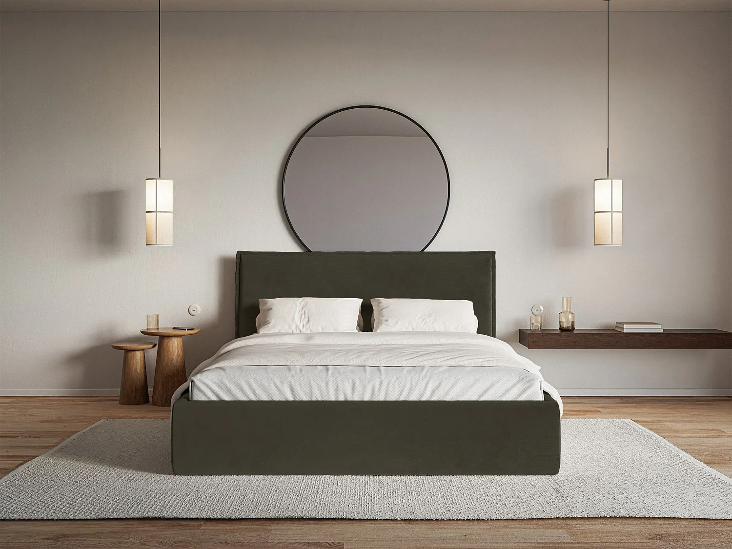 Lit tapissé 200×200 avec coffre et sommier - velours - vert foncé - SOFTIE SLIM