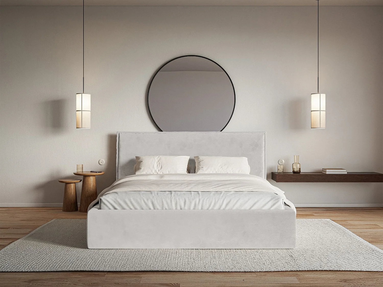 Lit tapissé 160×200- velours - gris clair - SOFTIE