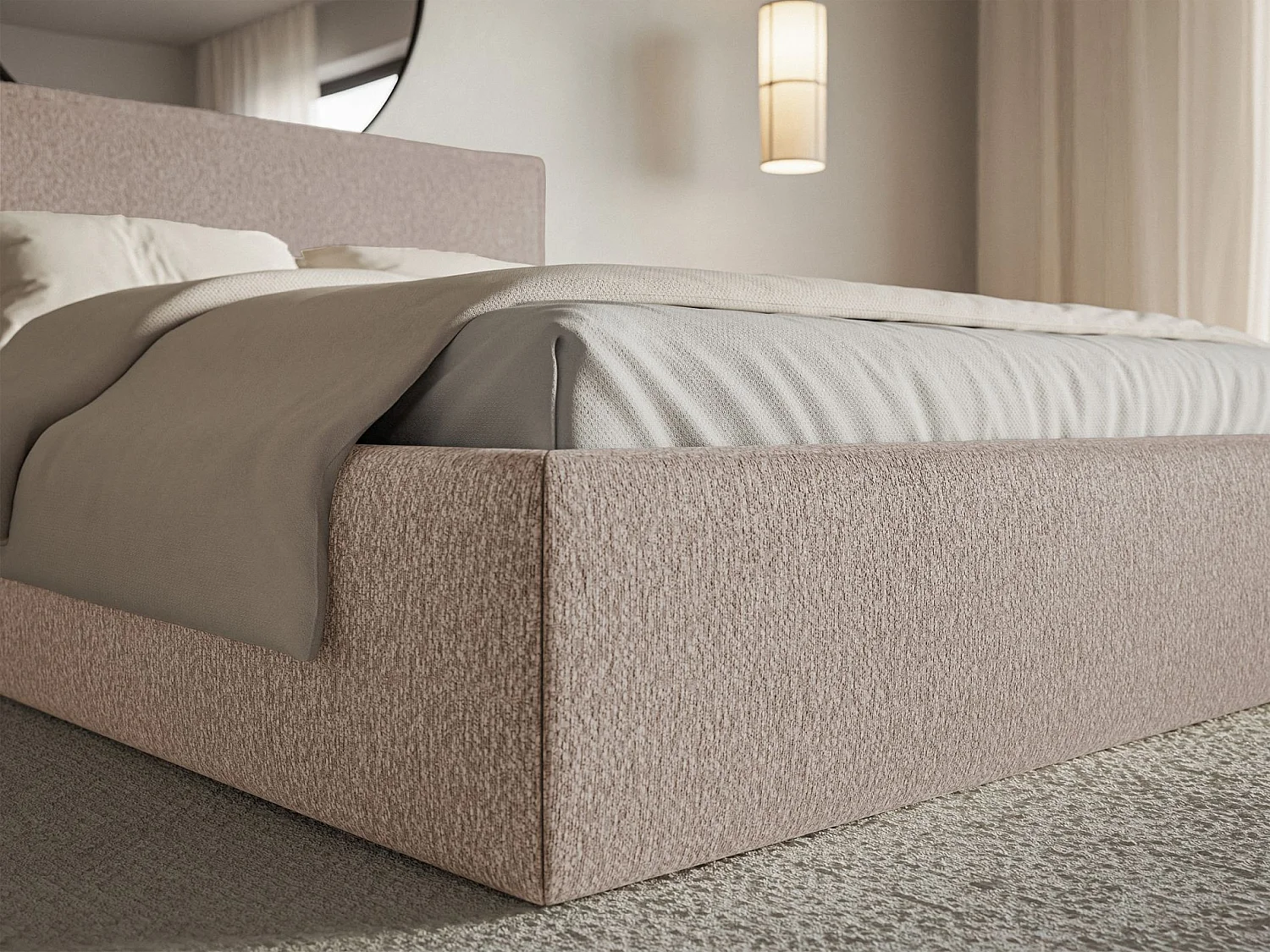 Gestoffeerd bed met opbergruimte – 180x200 cm – donkerbeige – waterafstotende chenille – SOFTIE SLIM
