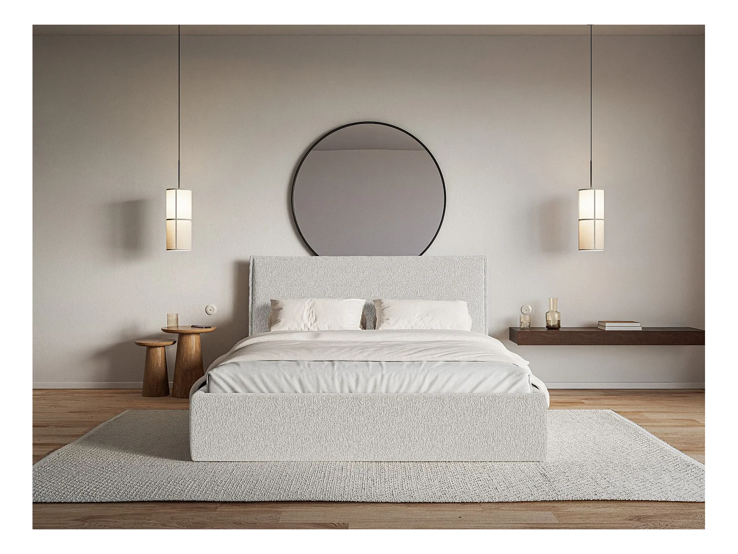 Lit tapissé 160×200 avec coffre et sommier - chenille - gris clair - SOFTIE SLIM