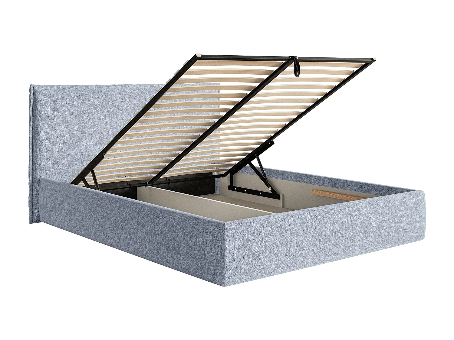 Lit tapissé 160×200 avec coffre et sommier - chenille - bleu clair - SOFTIE SLIM