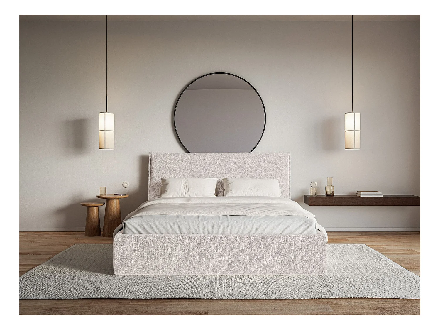 Lit tapissé 140×200 avec coffre et sommier - chenille - beige - SOFTIE SLIM