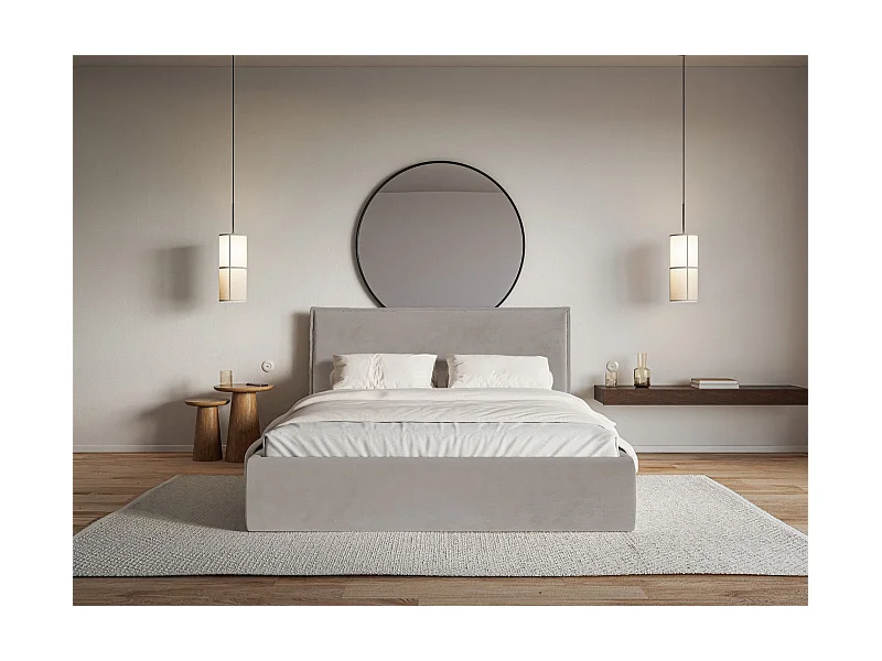 Lit tapissé 180×200 avec coffre et sommier - velours - brun-gris - SOFTIE SLIM