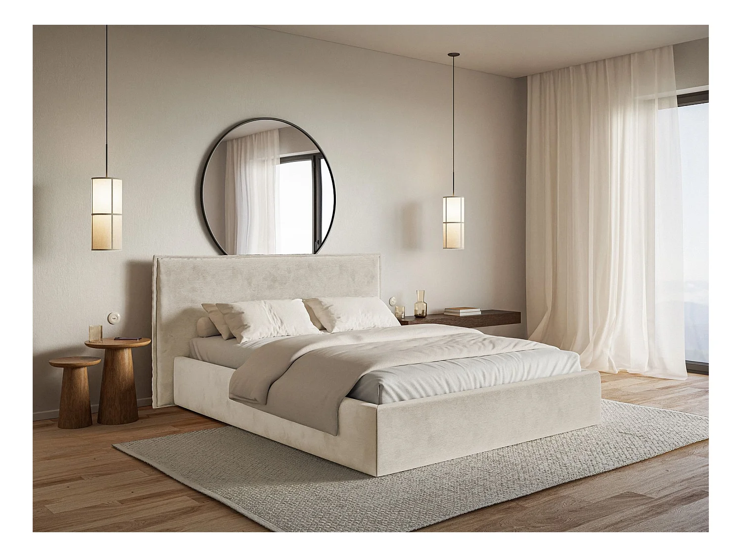 Lit tapissé 140×200- velours - beige - SOFTIE