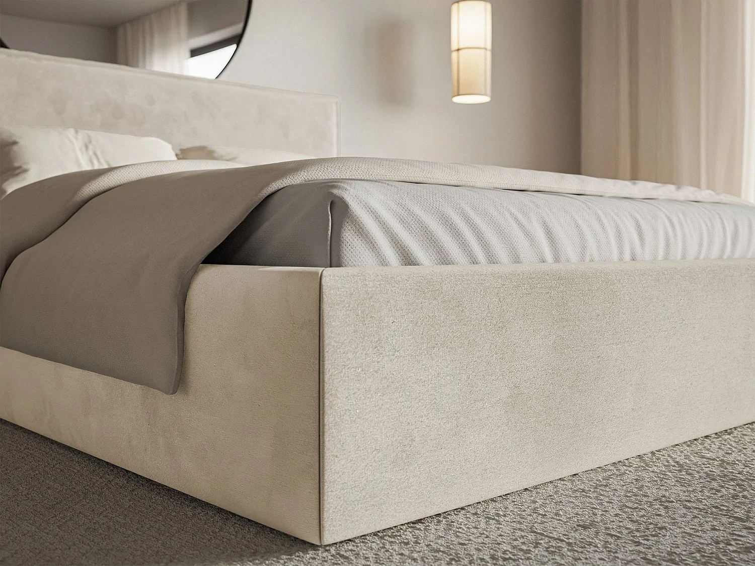 Lit tapissé 160×200 avec coffre et sommier - velours - beige - SOFTIE