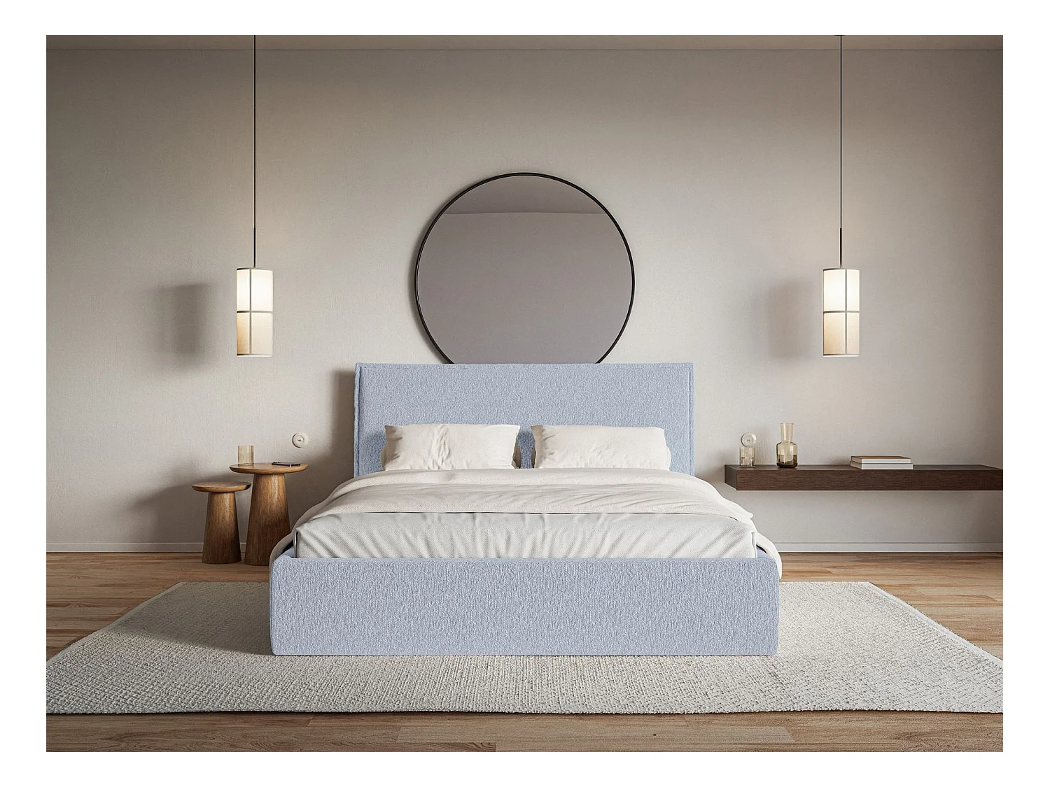 Polsterbett 140×200 mit Bettkasten - Lattenrost - Chenille hellblau - SOFTIE SLIM
