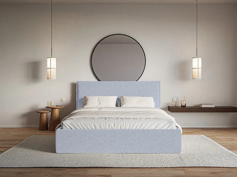 Gestoffeerd bed – 140x200 cm – lichtblauw – waterafstotende chenille – SOFTIE SLIM