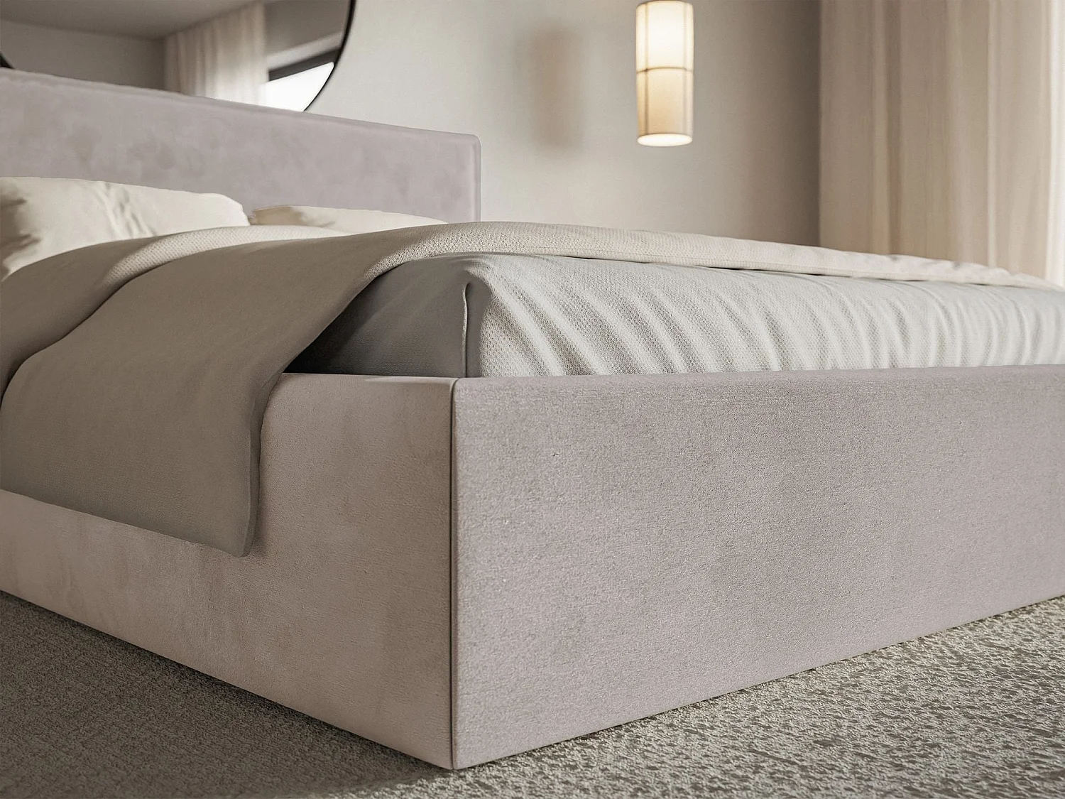 Lit tapissé 180×200 avec coffre et sommier - velours - brun-gris - SOFTIE