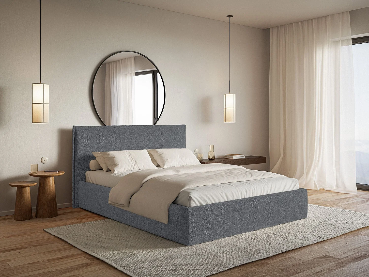 Lit tapissé 160×200- chenille - graphite - SOFTIE SLIM