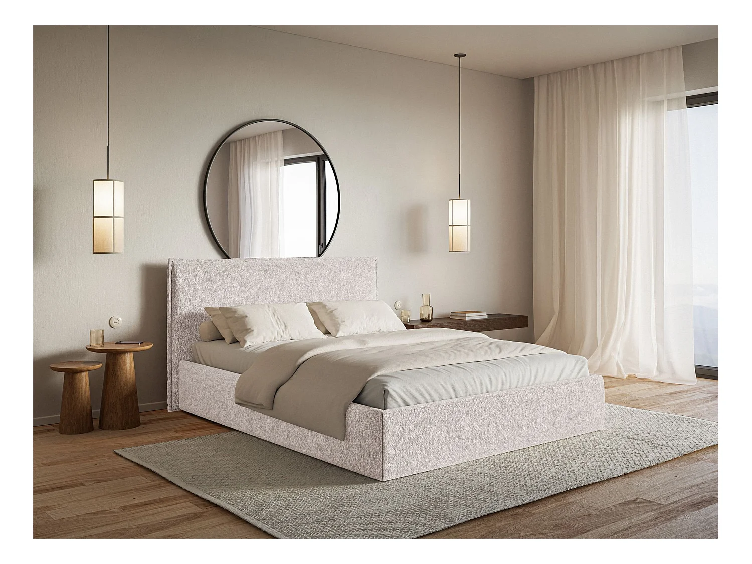 Lit tapissé 160×200- chenille - beige - SOFTIE SLIM