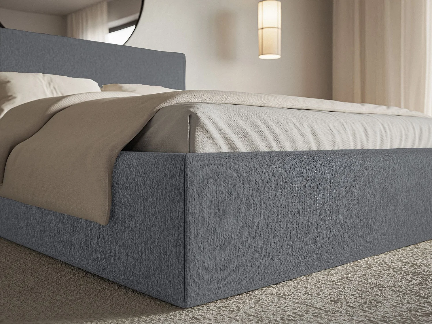 Lit tapissé 200×200 avec coffre et sommier - chenille - graphite - SOFTIE SLIM