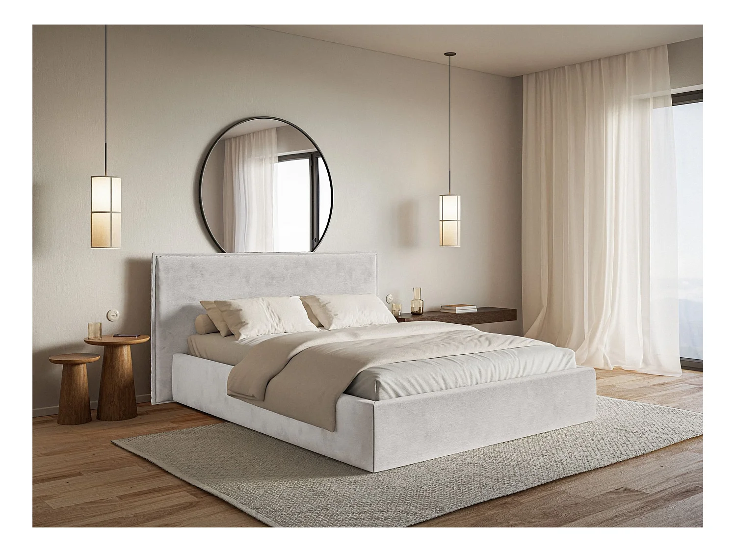 Gestoffeerd bed met opbergruimte – 180x200 cm – lichtgrijs – waterafstotende velours – SOFTIE