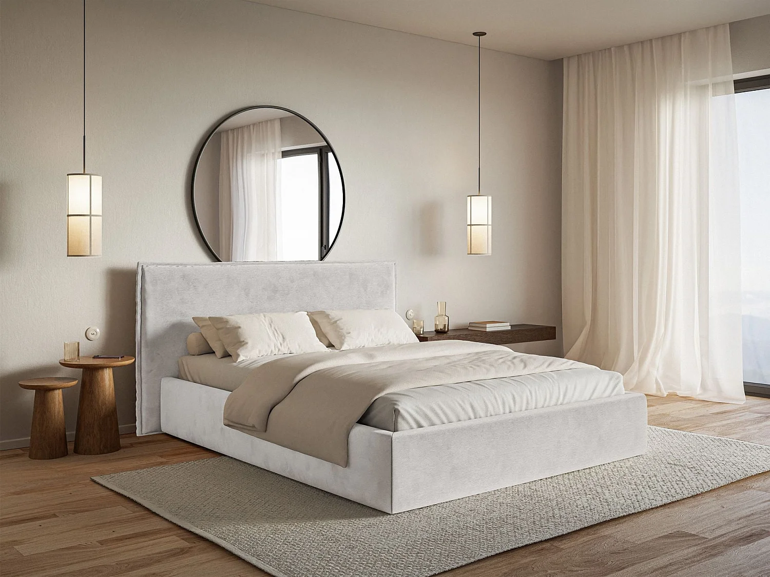 Lit tapissé 180×200 avec coffre et sommier - velours - gris clair - SOFTIE