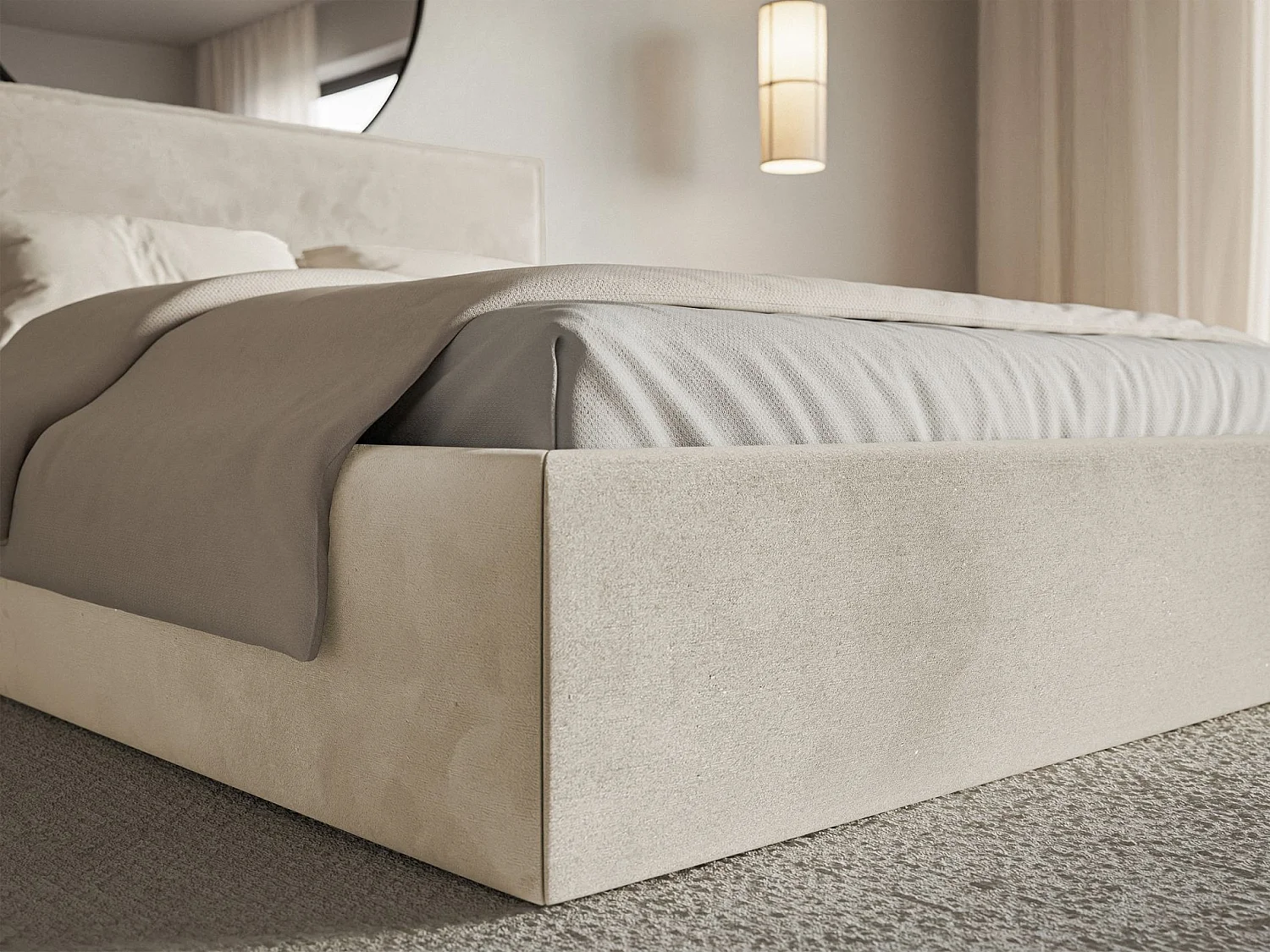Lit tapissé 140×200 avec coffre et sommier - velours - beige - SOFTIE SLIM