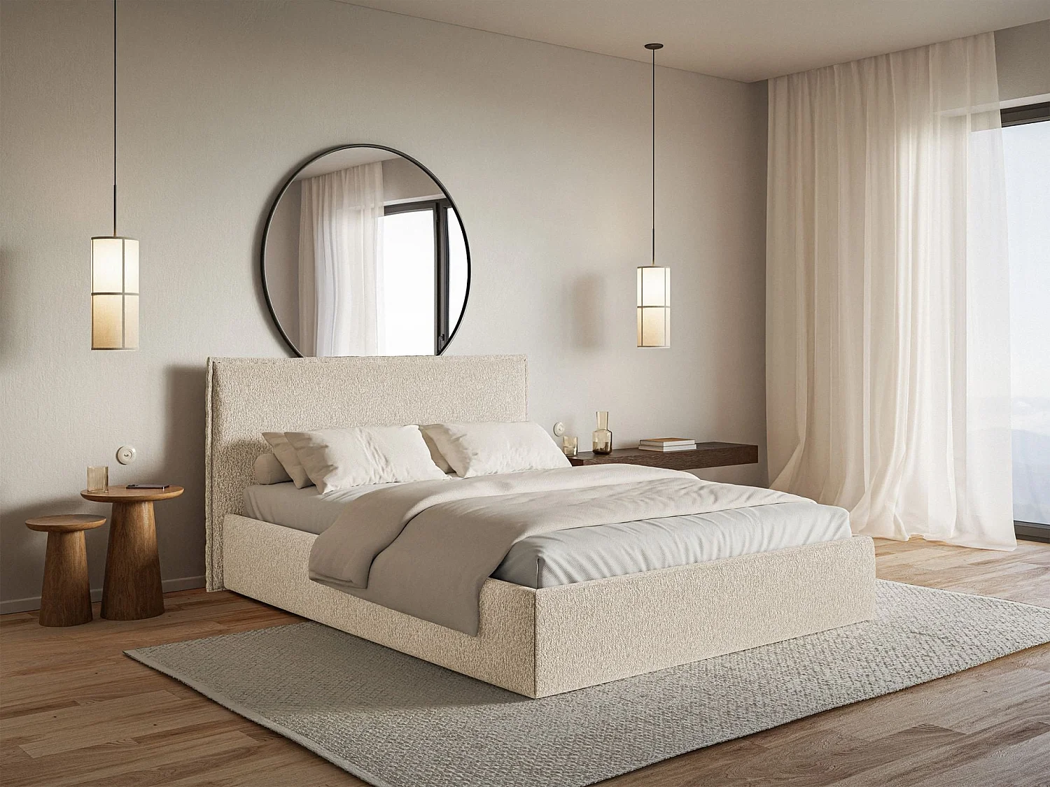 Gestoffeerd bed met opbergruimte – 200x200 cm – lichtbeige – waterafstotende chenille – SOFTIE SLIM