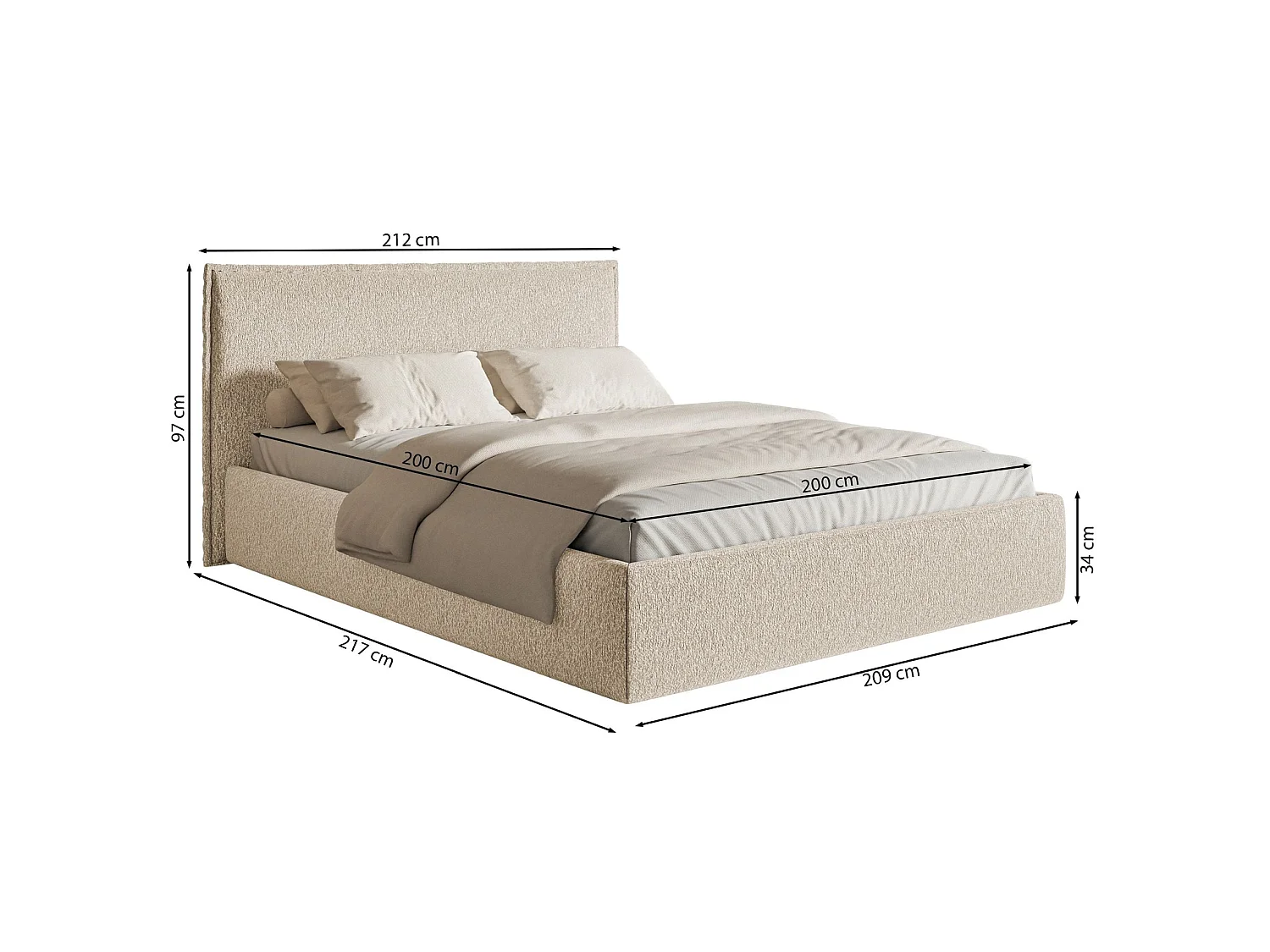 Gestoffeerd bed met opbergruimte – 200x200 cm – lichtbeige – waterafstotende chenille – SOFTIE SLIM