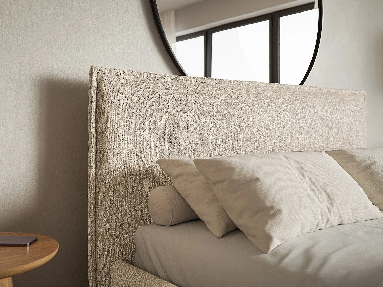 Gestoffeerd bed met opbergruimte – 200x200 cm – lichtbeige – waterafstotende chenille – SOFTIE SLIM