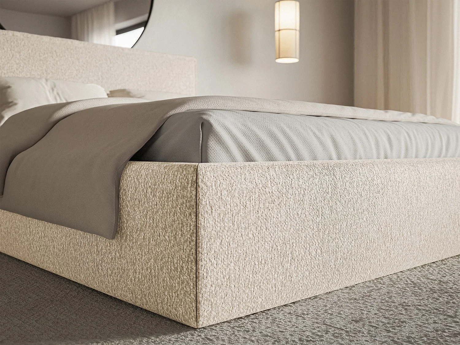 Gestoffeerd bed met opbergruimte – 200x200 cm – lichtbeige – waterafstotende chenille – SOFTIE SLIM