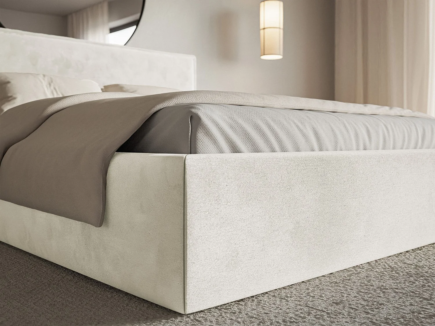 Lit tapissé 180×200 avec coffre et sommier - velours - grège - SOFTIE