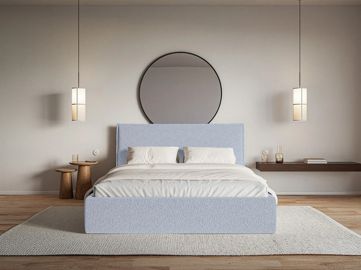 Lit tapissé 140×200 avec coffre et sommier - chenille - bleu clair - SOFTIE SLIM