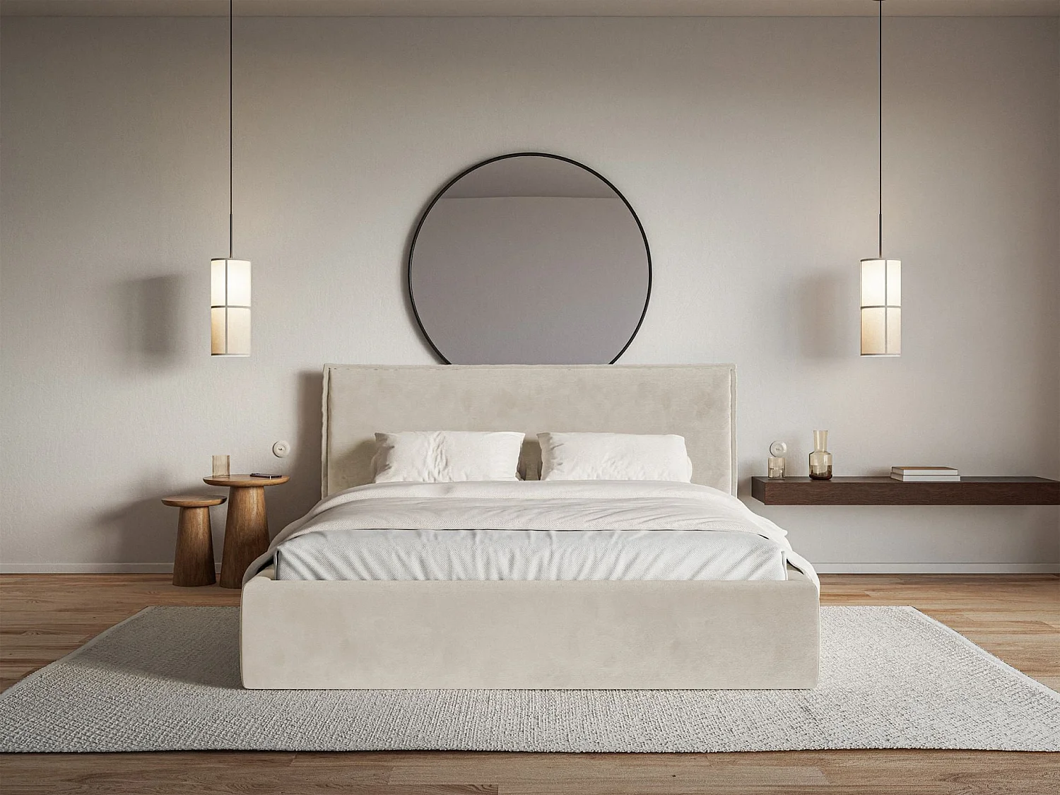 Lit tapissé 160×200- velours - beige - SOFTIE