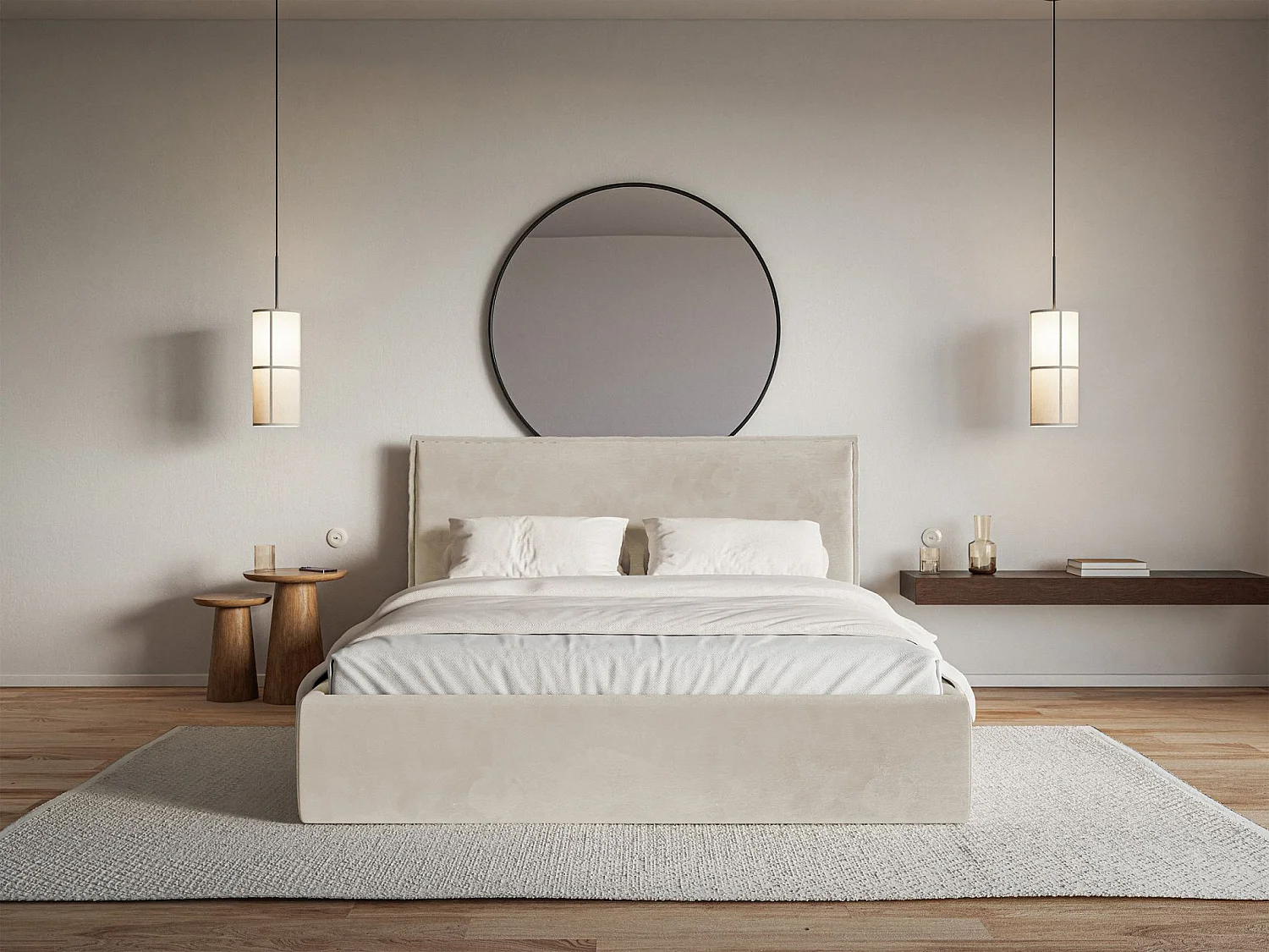 Lit tapissé 160×200- velours - beige - SOFTIE SLIM