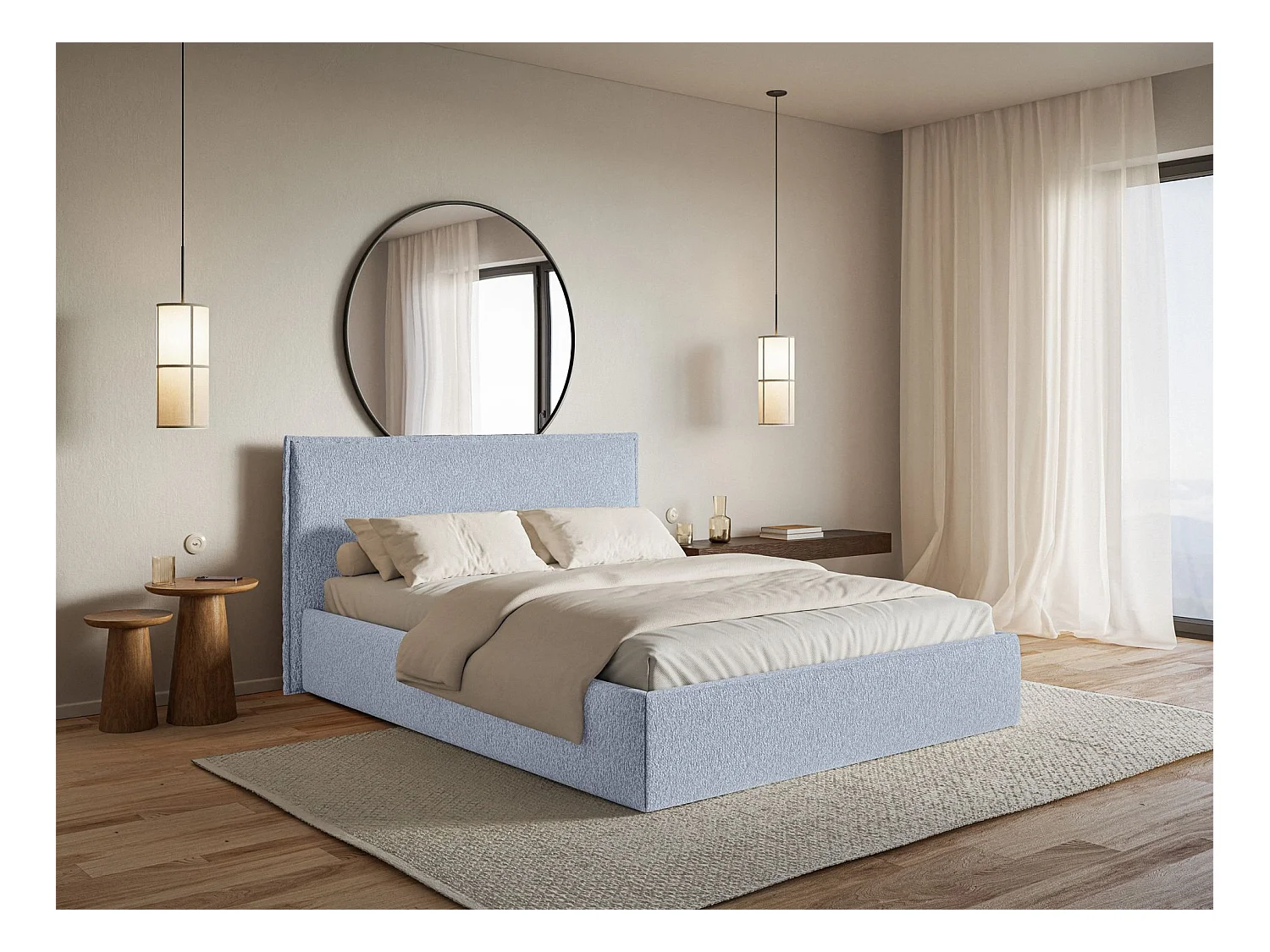 Lit tapissé 200×200 avec coffre et sommier - chenille - bleu clair - SOFTIE SLIM