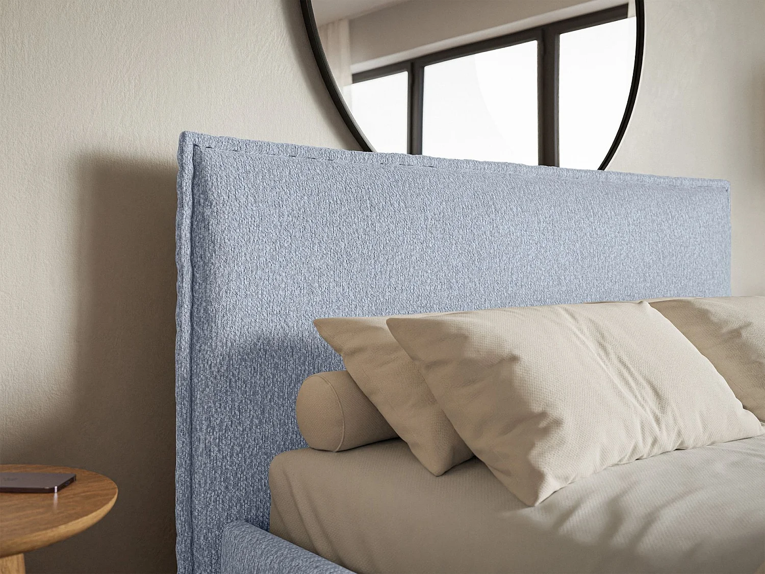 Lit tapissé 200×200 avec coffre et sommier - chenille - bleu clair - SOFTIE SLIM