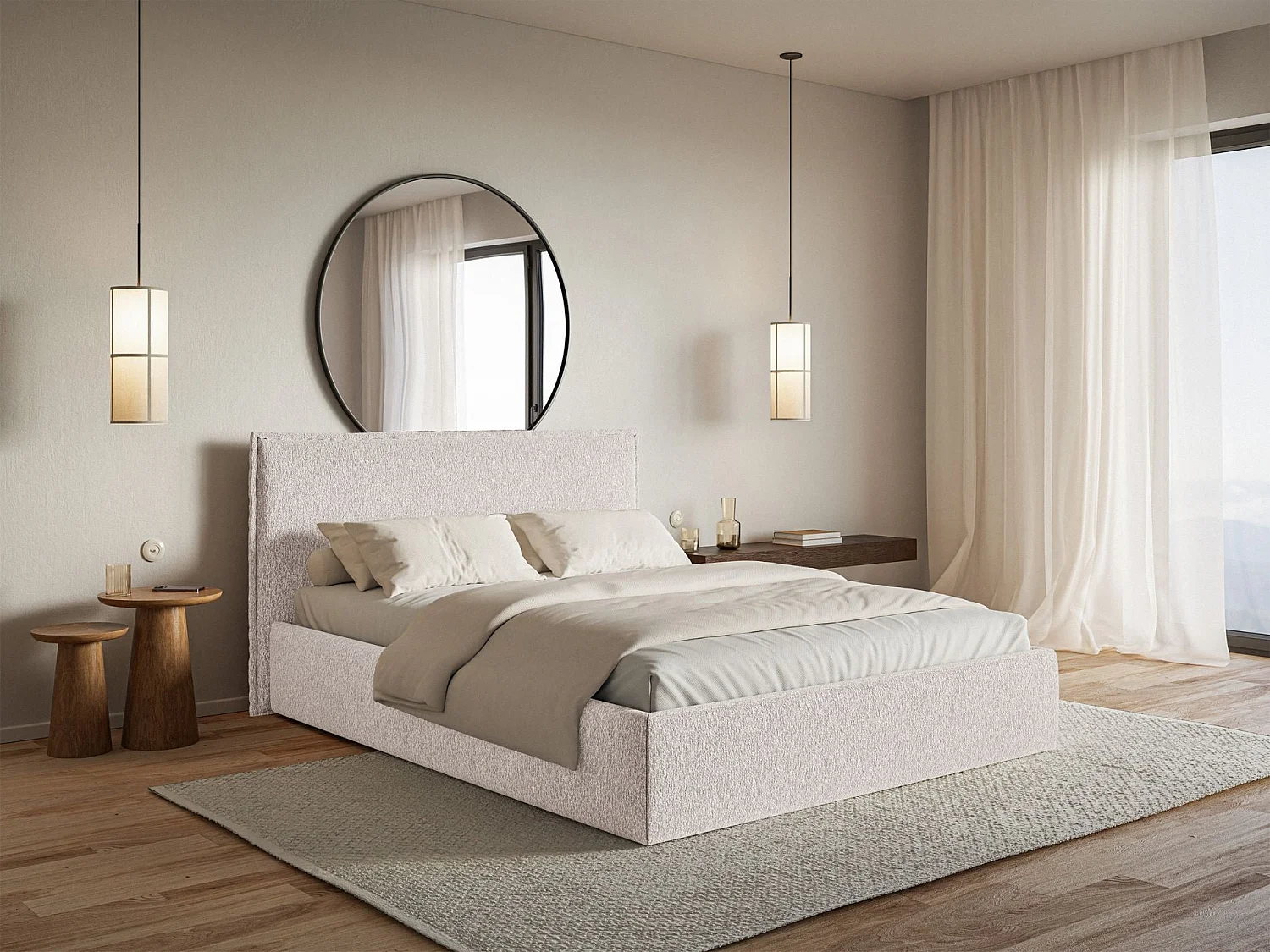 Gestoffeerd bed met opbergruimte – 180x200 cm – beige – waterafstotende chenille – SOFTIE SLIM