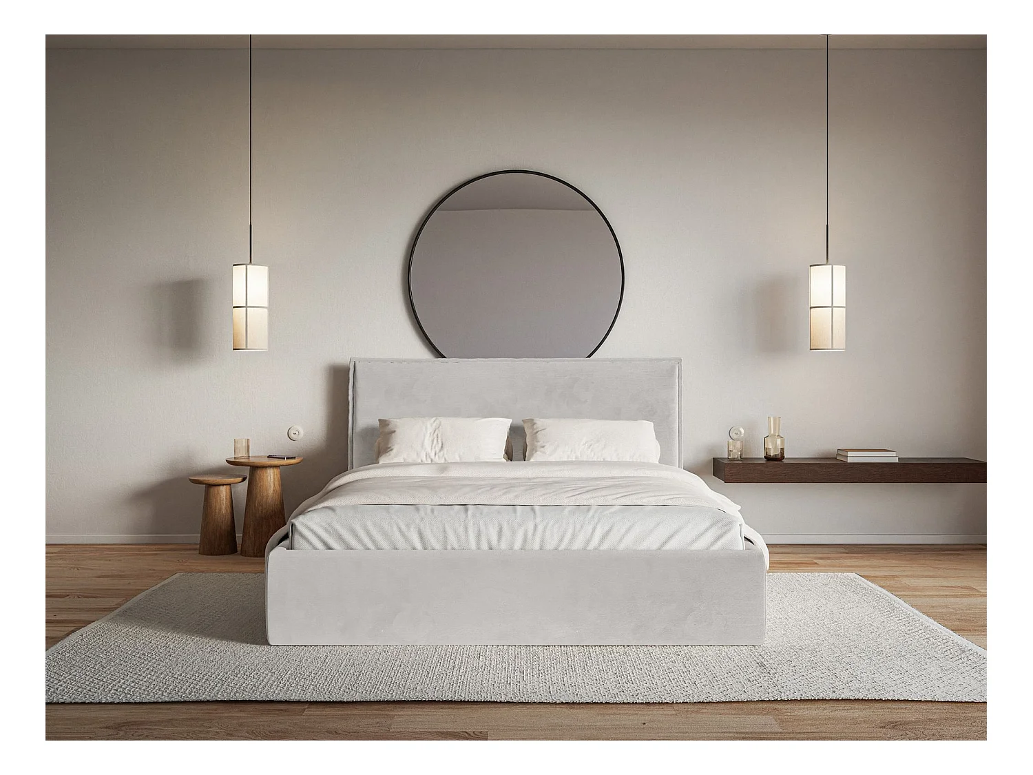 Lit tapissé 200×200 avec coffre et sommier - velours - gris clair - SOFTIE SLIM