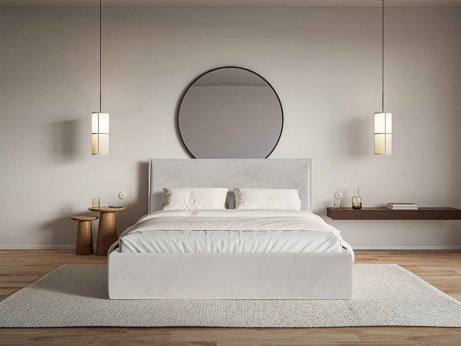 Polsterbett 200×200 mit Bettkasten - Lattenrost - Velours hellgrau - SOFTIE SLIM