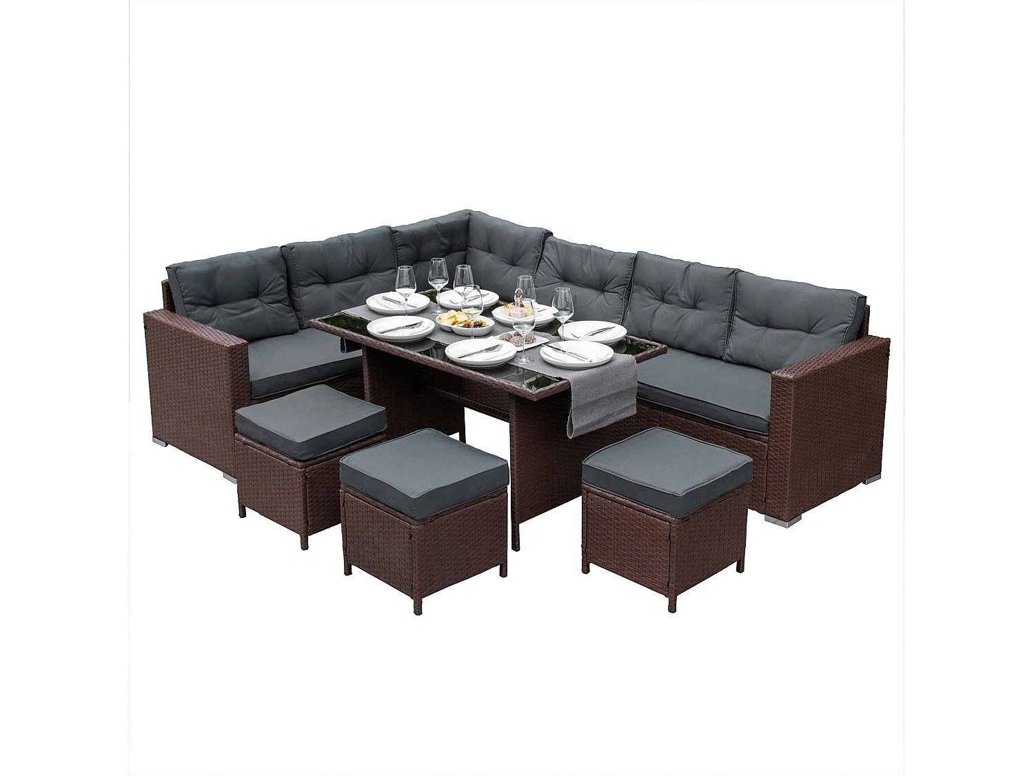 Rotan Hoekset Loungeset Dining Tuintafel - 9 Personen - Regenhoes + Uitneembare Kussens - Bruin