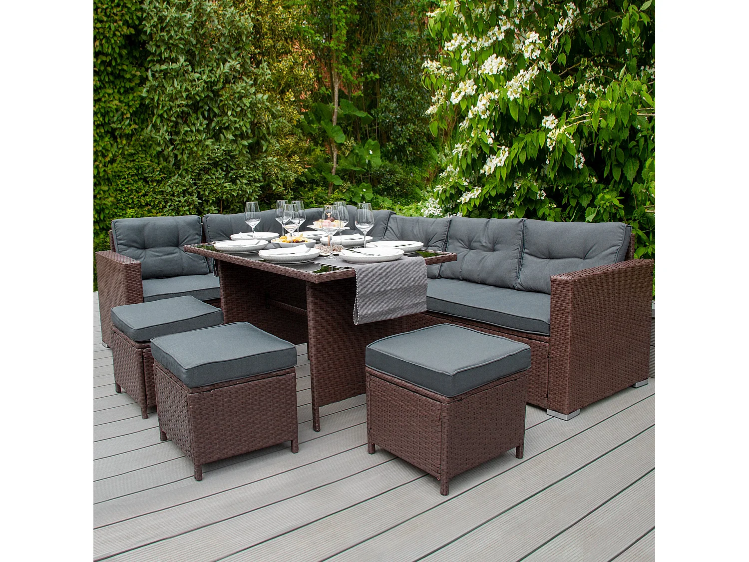 Rotan Hoekset Loungeset Dining Tuintafel - 9 Personen - Regenhoes + Uitneembare Kussens - Bruin