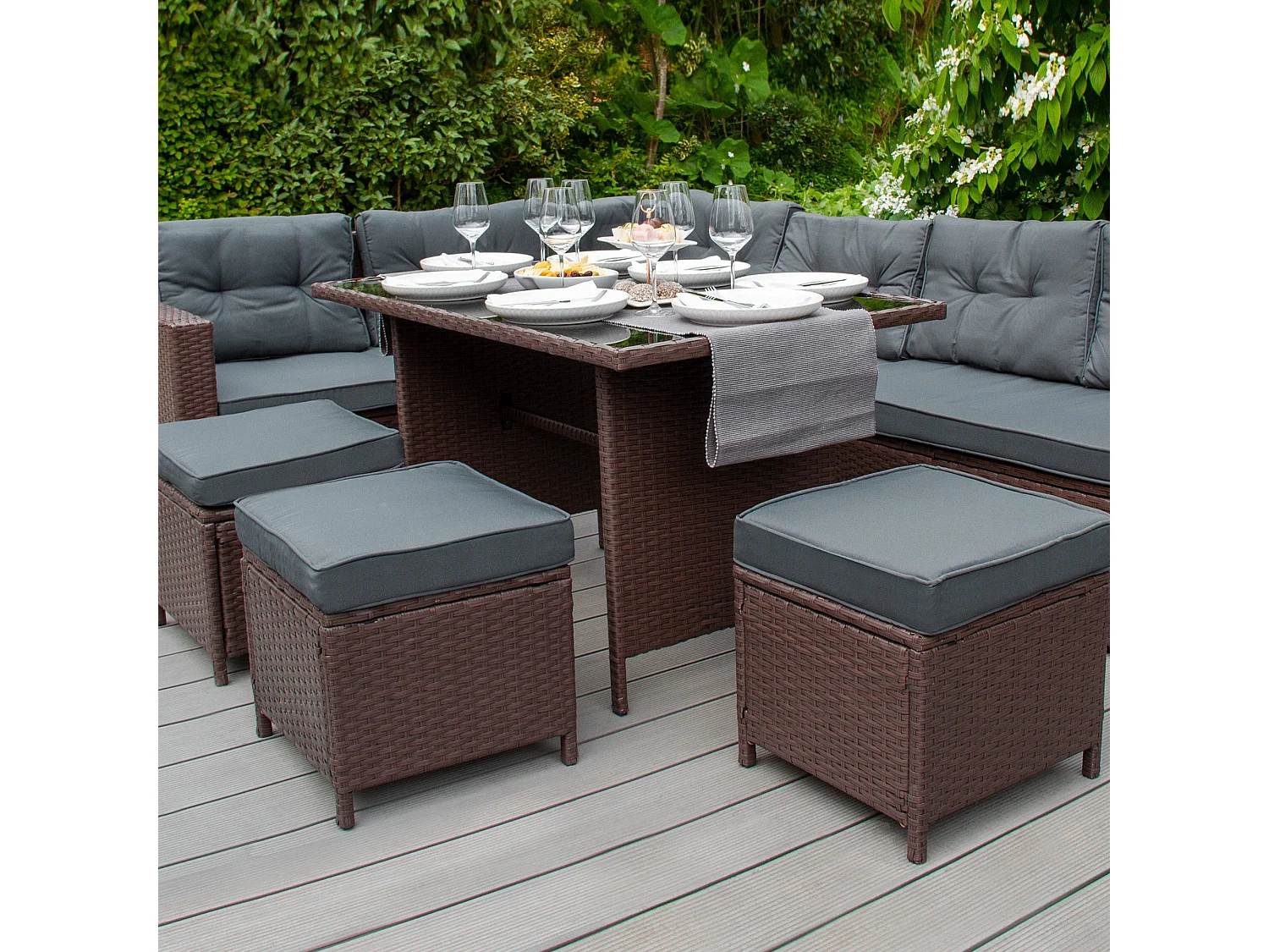 Rotan Hoekset Loungeset Dining Tuintafel - 9 Personen - Regenhoes + Uitneembare Kussens - Bruin