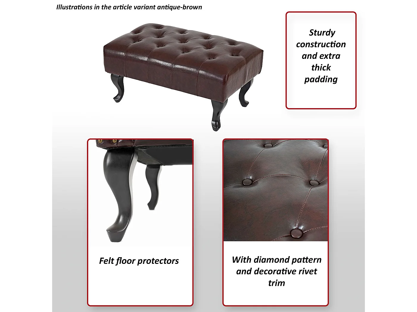 Ottomane Oxford similicuir,  pieds antiques, noir