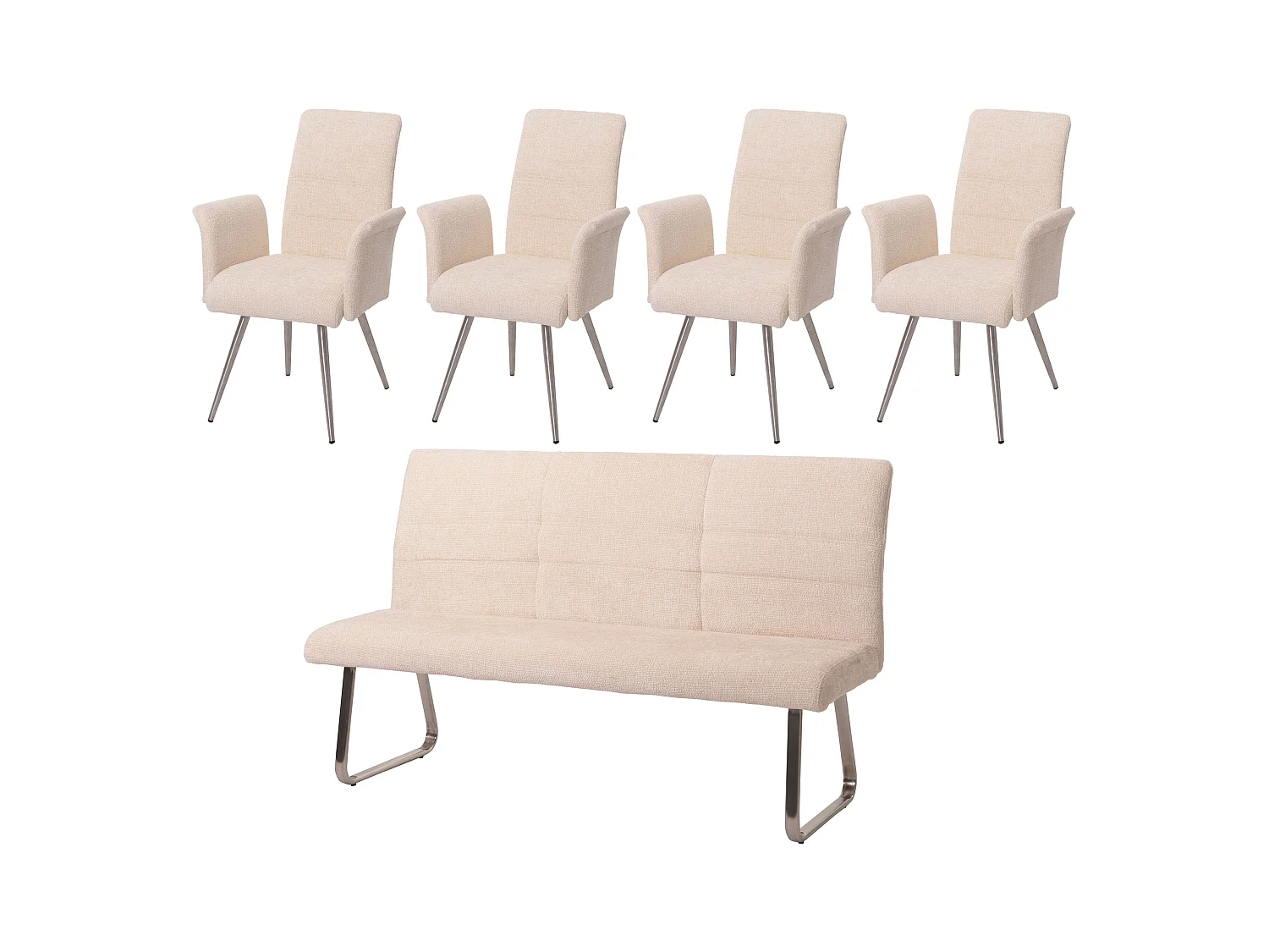 Set sala da pranzo MCW-G55, 4 sedie con braccioli + panca 180cm, acciaio inox stoffa/tessuto ciniglia ~ avorio