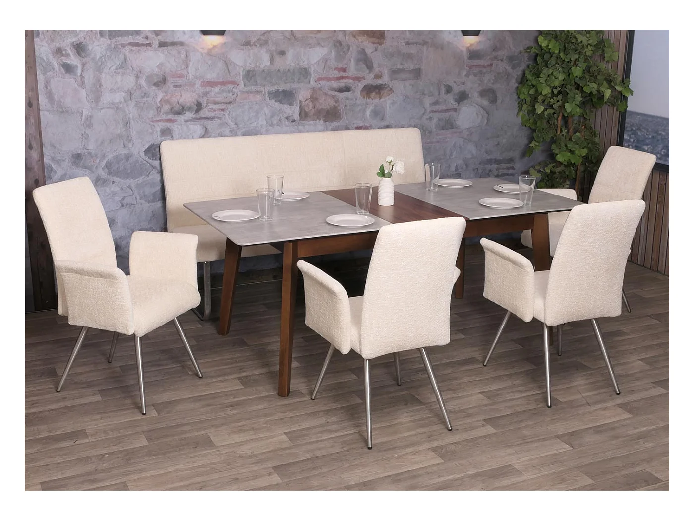 Set sala da pranzo MCW-G55, 4 sedie con braccioli + panca 180cm, acciaio inox stoffa/tessuto ciniglia ~ avorio