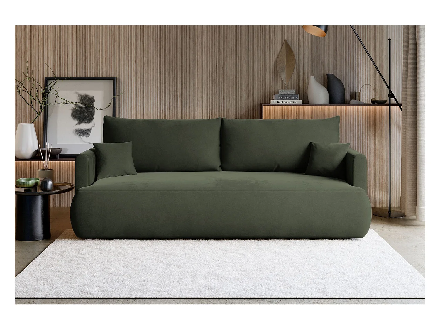 Canapé convertible 3 places – velours Easy-Clean – vert olive – OVO MINI