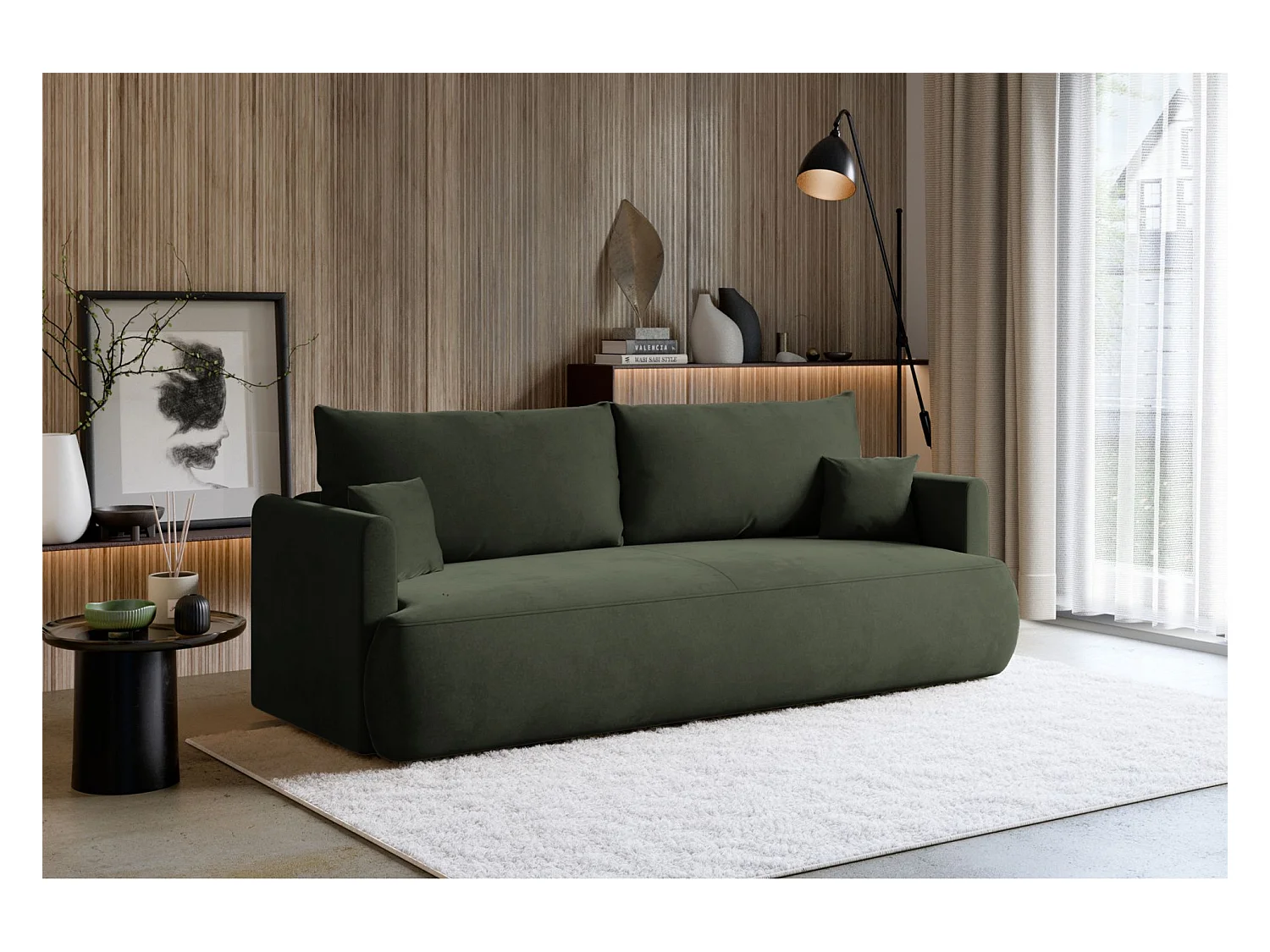 Canapé convertible 3 places – velours Easy-Clean – vert olive – OVO MINI