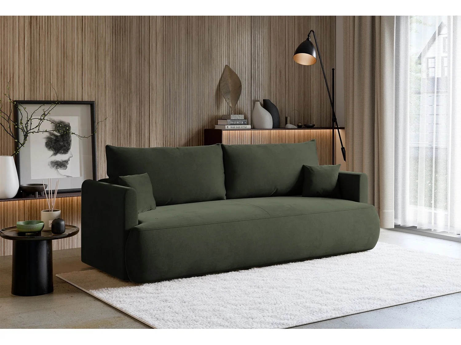 3-Sitzer Schlafsofa mit Bettkasten, Velours Easy-Clean, olivgrün - OVO MINI