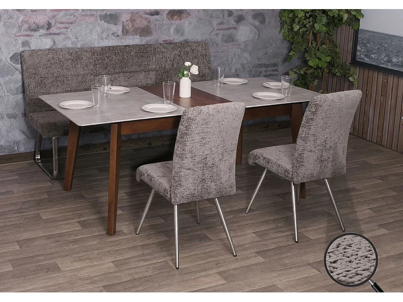 Set sala da pranzo MCW-G55, 2 sedie + panca 180cm, acciaio inox stoffa/tessuto ciniglia ~ grigio scuro
