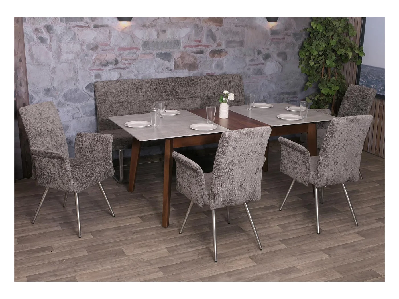 Set sala da pranzo MCW-G55, 4 sedie con braccioli + panca 180cm, acciaio inox stoffa/tessuto ciniglia ~ grigio scuro