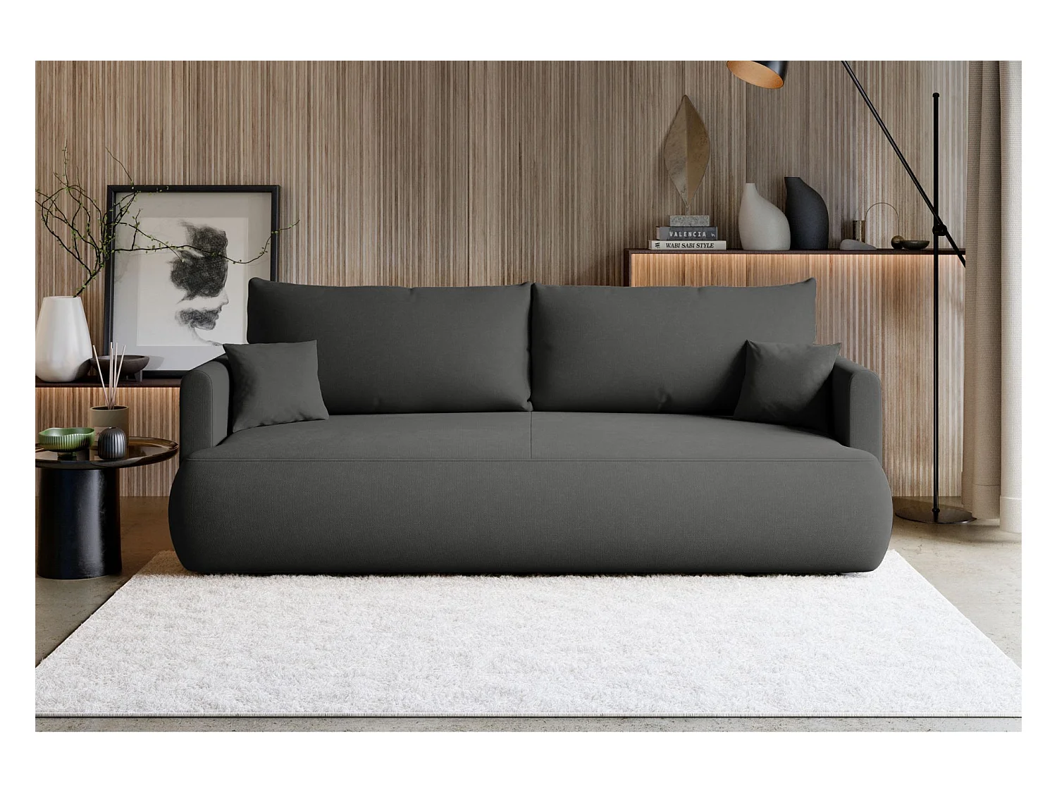 Canapé convertible 3 places – chenille Easy-Clean – gris foncé – OVO MINI