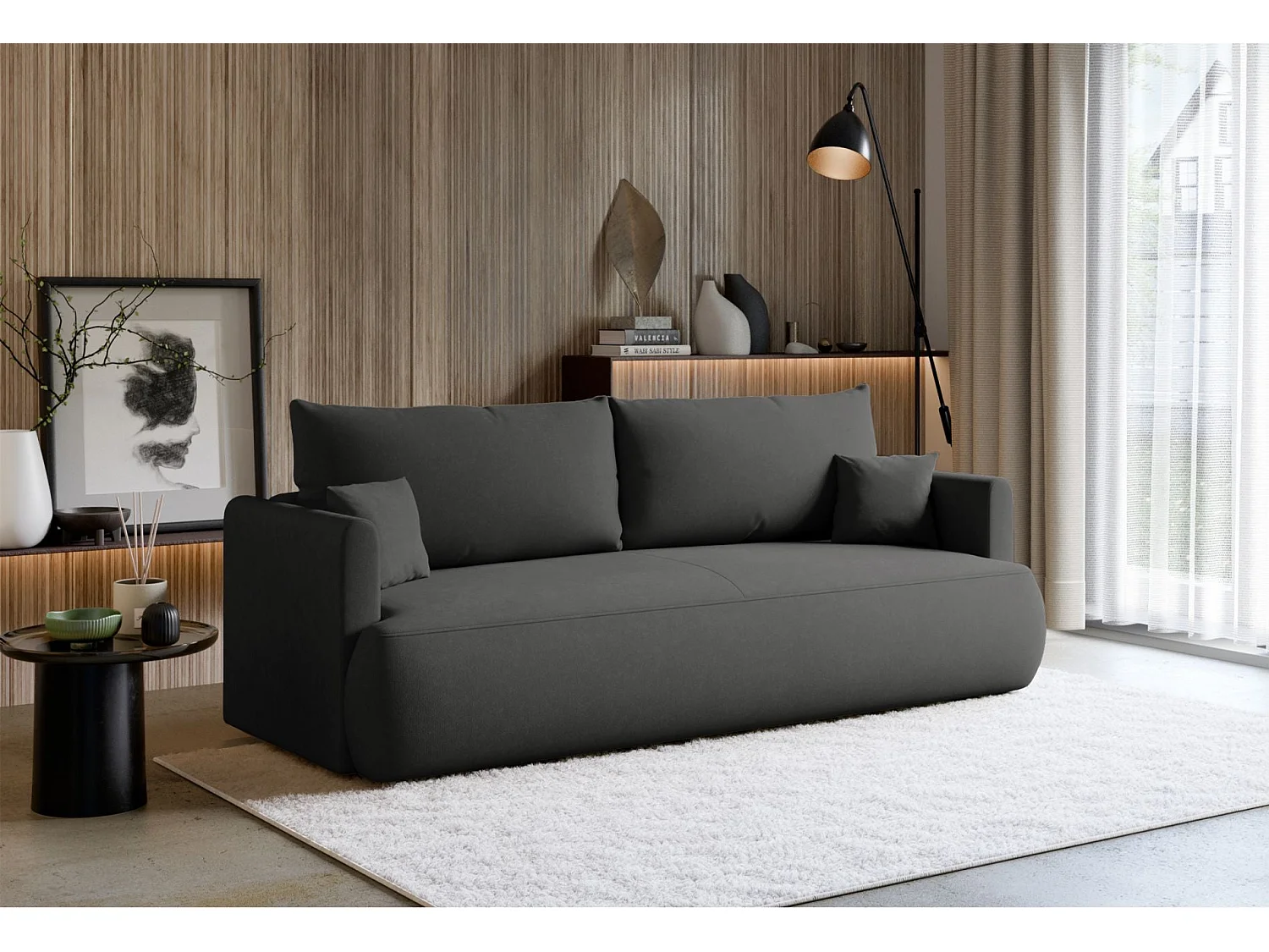 Canapé convertible 3 places – chenille Easy-Clean – gris foncé – OVO MINI