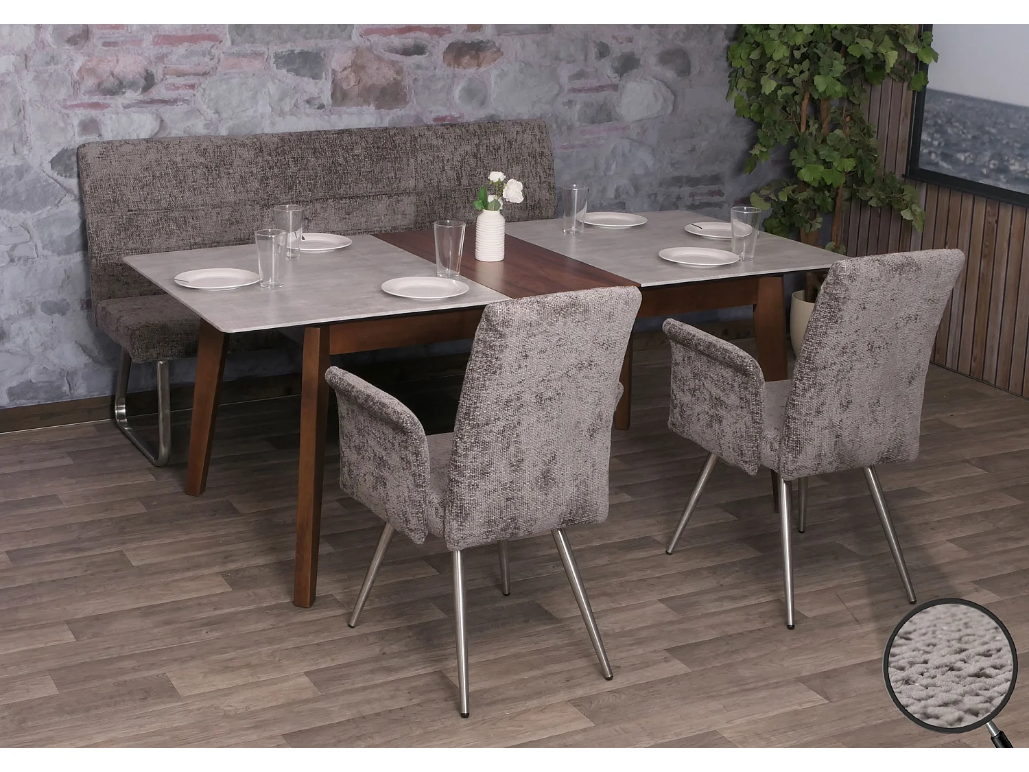 Set sala da pranzo MCW-G55, 2 sedie con braccioli + panca 180cm, acciaio inox stoffa/tessuto ciniglia ~ grigio scuro