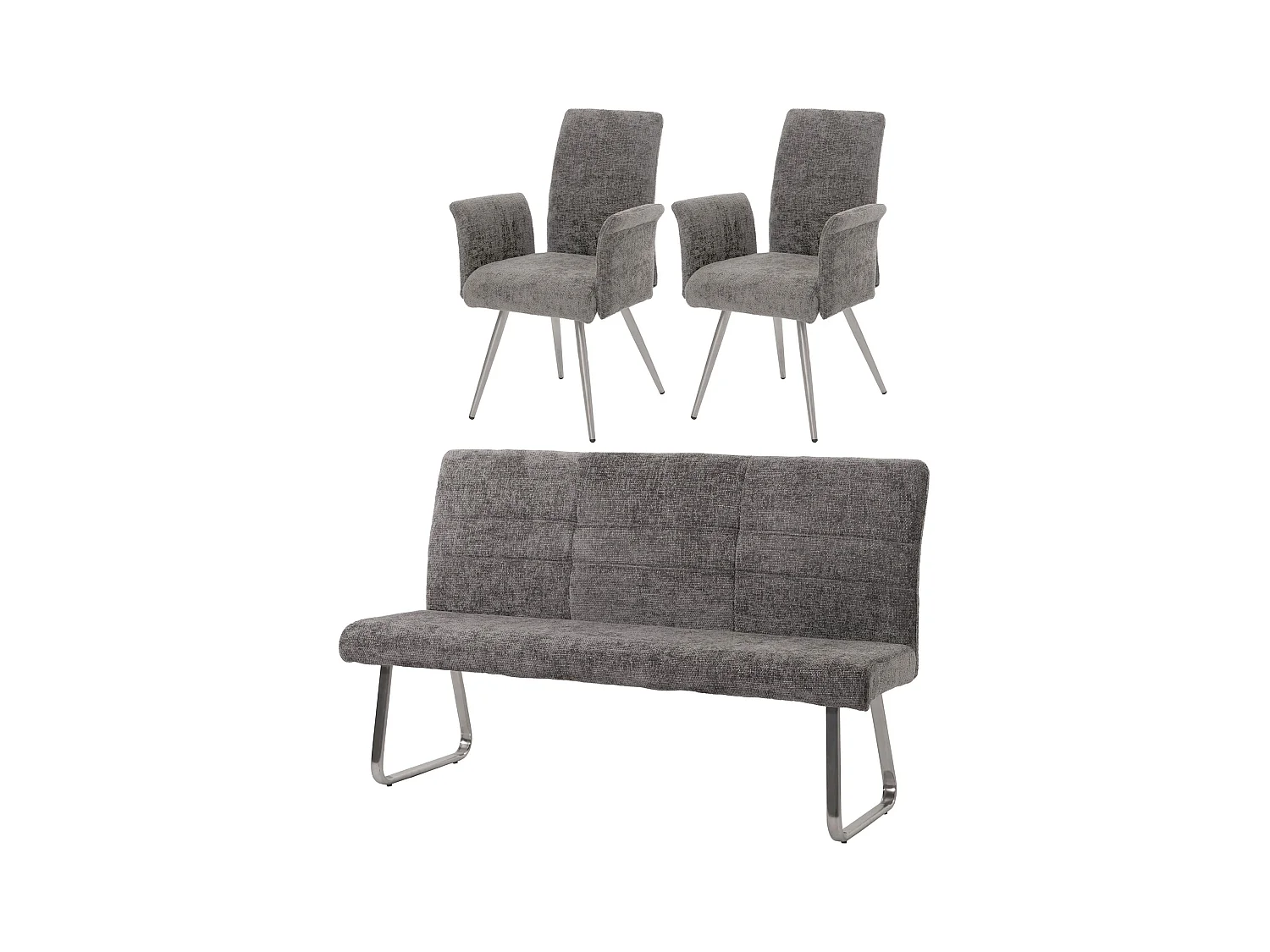Set sala da pranzo MCW-G55, 2 sedie con braccioli + panca 180cm, acciaio inox stoffa/tessuto ciniglia ~ grigio scuro