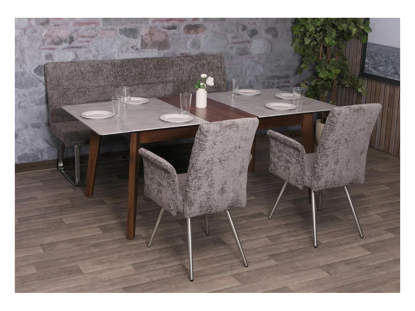 Set sala da pranzo MCW-G55, 2 sedie con braccioli + panca 180cm, acciaio inox stoffa/tessuto ciniglia ~ grigio scuro