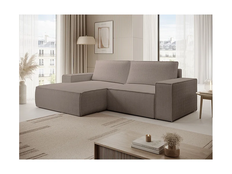 Ecksofa mit Cordbezug – Schlaffunktion und Stauraum – Beige – links – FARESE MINI